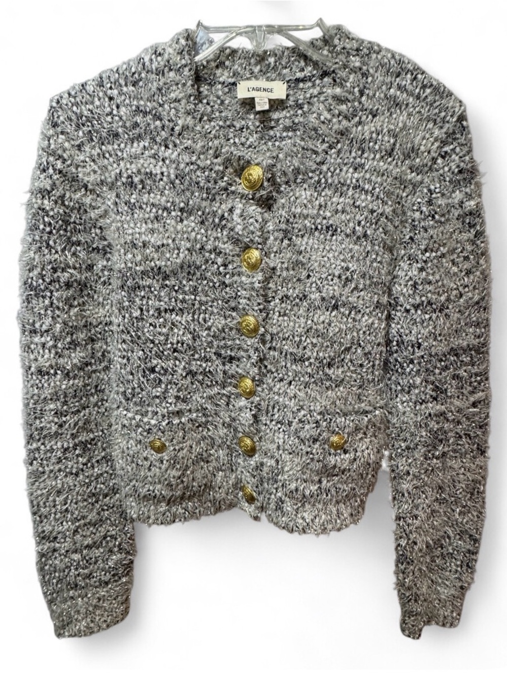 L'Agence Gray, White and Gold Bouclé Button-Front Knit Jacket